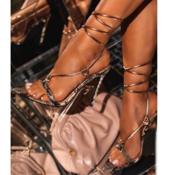 Snake & Rose Gold Pointy Toe Ankle Wrap Heel - Picture 4 of 11